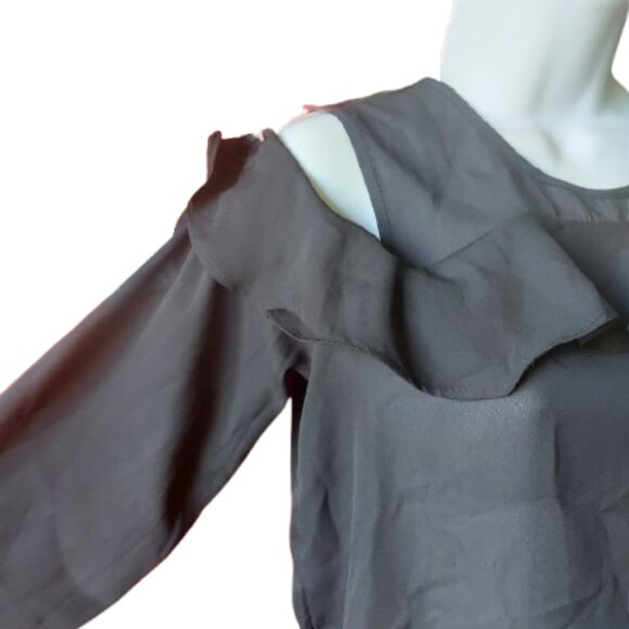 Long Sleeve Black Blouse Blousy Top with Shoulder Cut Outs Size Medium - Picture 4 of 5